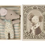 Ratón bebé dormido/despierto en caja de cerillas – azul